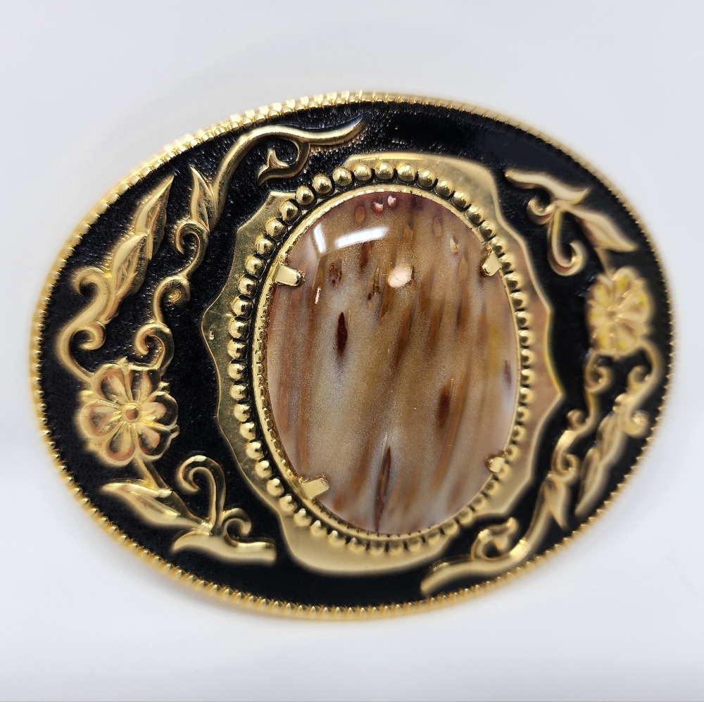 Western Style Polished Stone And Gold Tone Floral Embossed Belt Buckle - Picture 2 of 5
